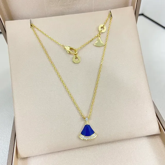 Fan-Shaped Blue Enamel and Pavé Crystal Pendant Necklace 5