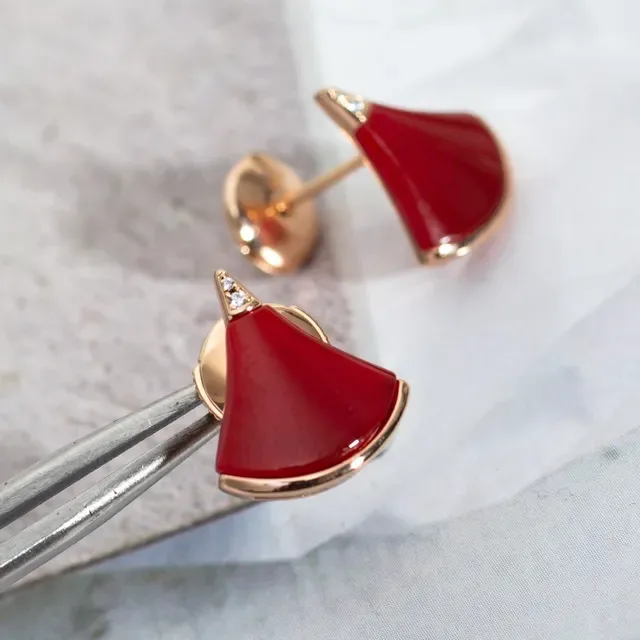 Fan-Shaped Red Enamel Gold-Tone Stud Earrings 5