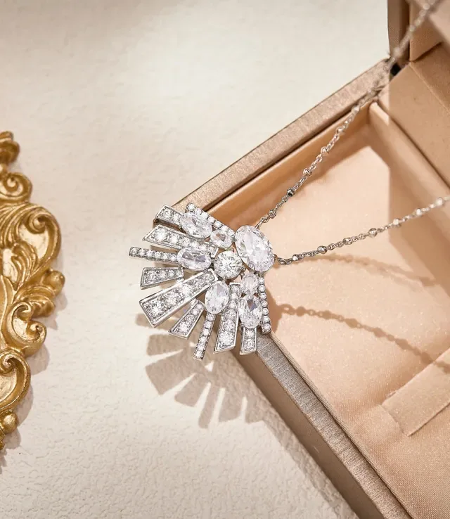 Fan-Shaped Ruby and Diamond Sunburst Pendant Necklace 6
