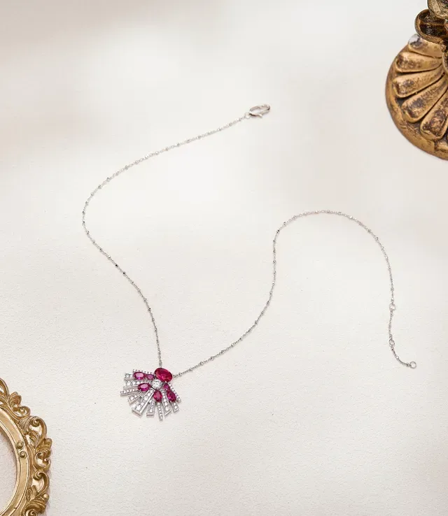 Fan-Shaped Ruby and Diamond Sunburst Pendant Necklace 7