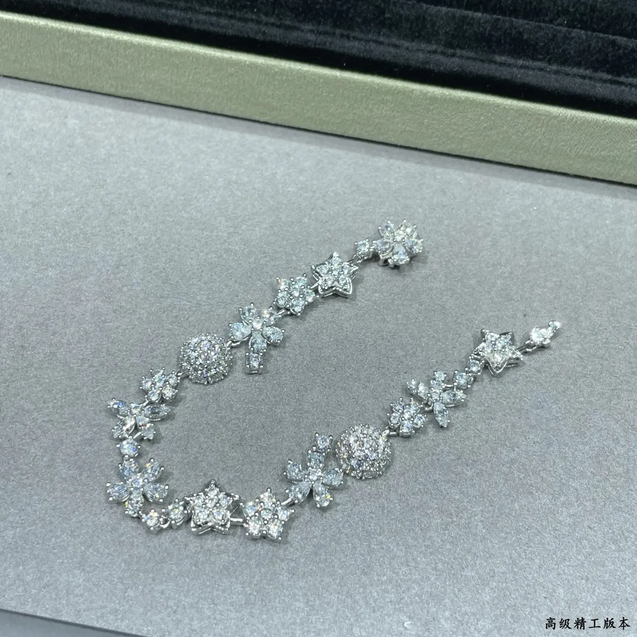 Floral and Star Motif Pave-Set Clear Stone Silver-Tone Bracelet 5