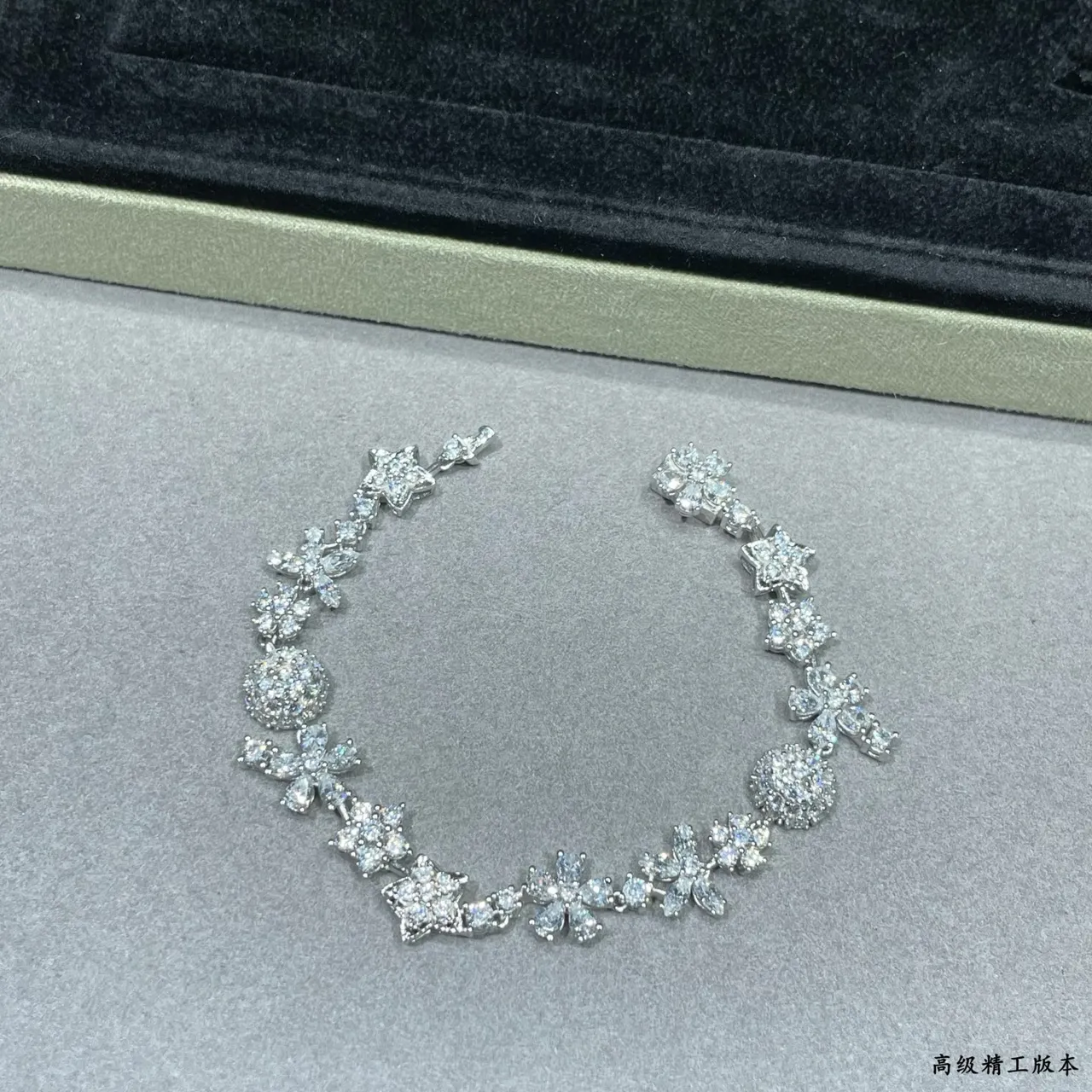 Floral and Star Motif Pave-Set Clear Stone Silver-Tone Bracelet 6