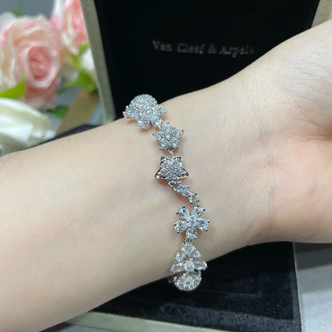 Floral and Star Motif Pave-Set Clear Stone Silver-Tone Bracelet 7