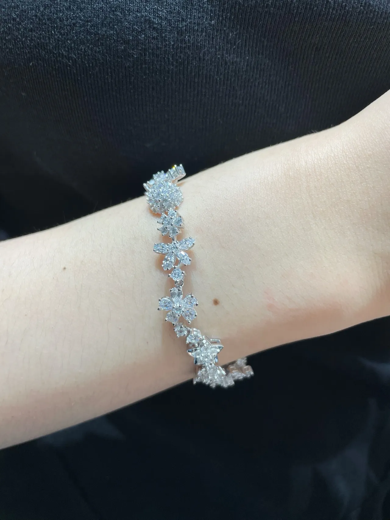 Floral and Star Motif Pave-Set Clear Stone Silver-Tone Bracelet 8
