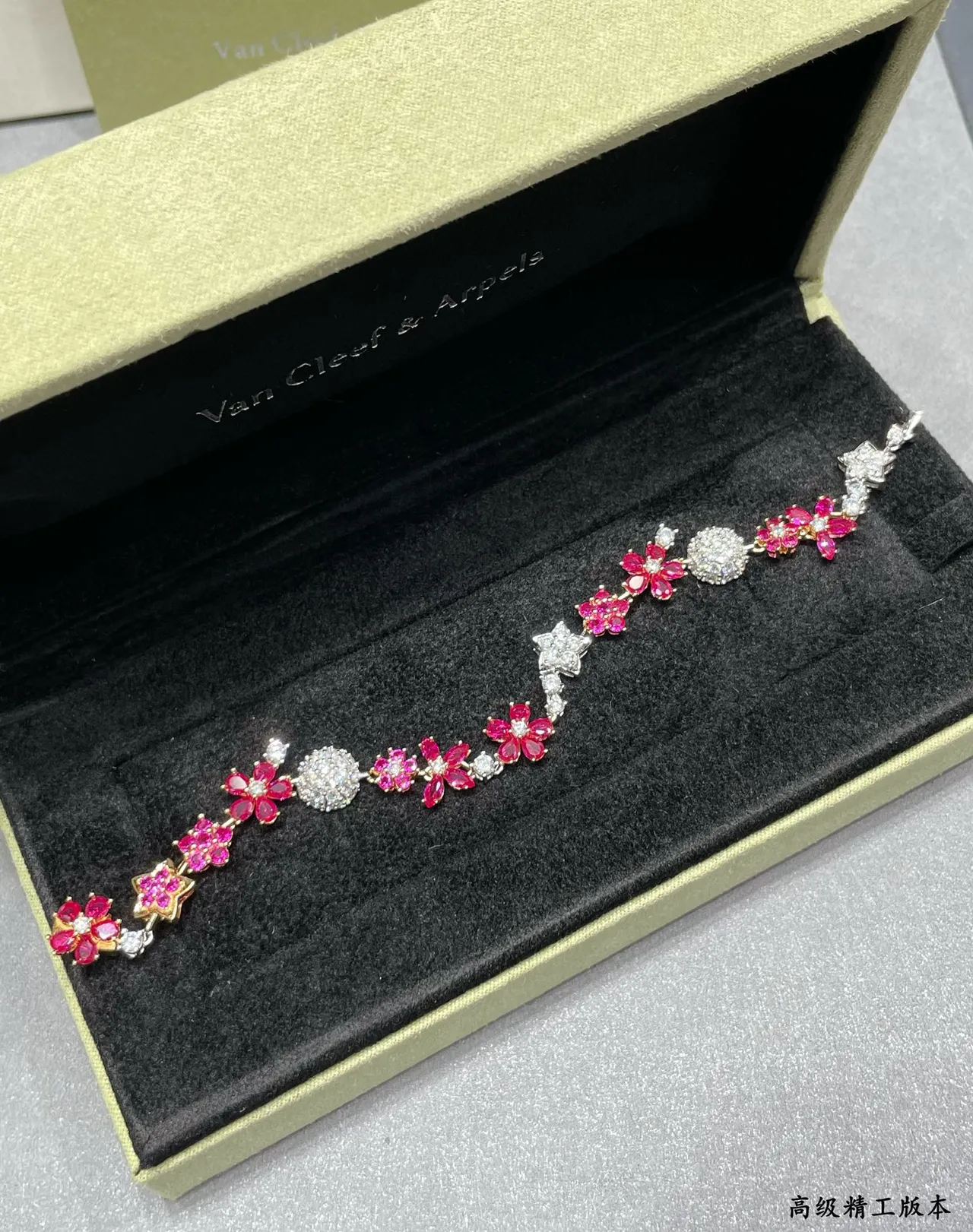 Floral and Star Motif Pink and White Stone Two-Tone Bracelet 3