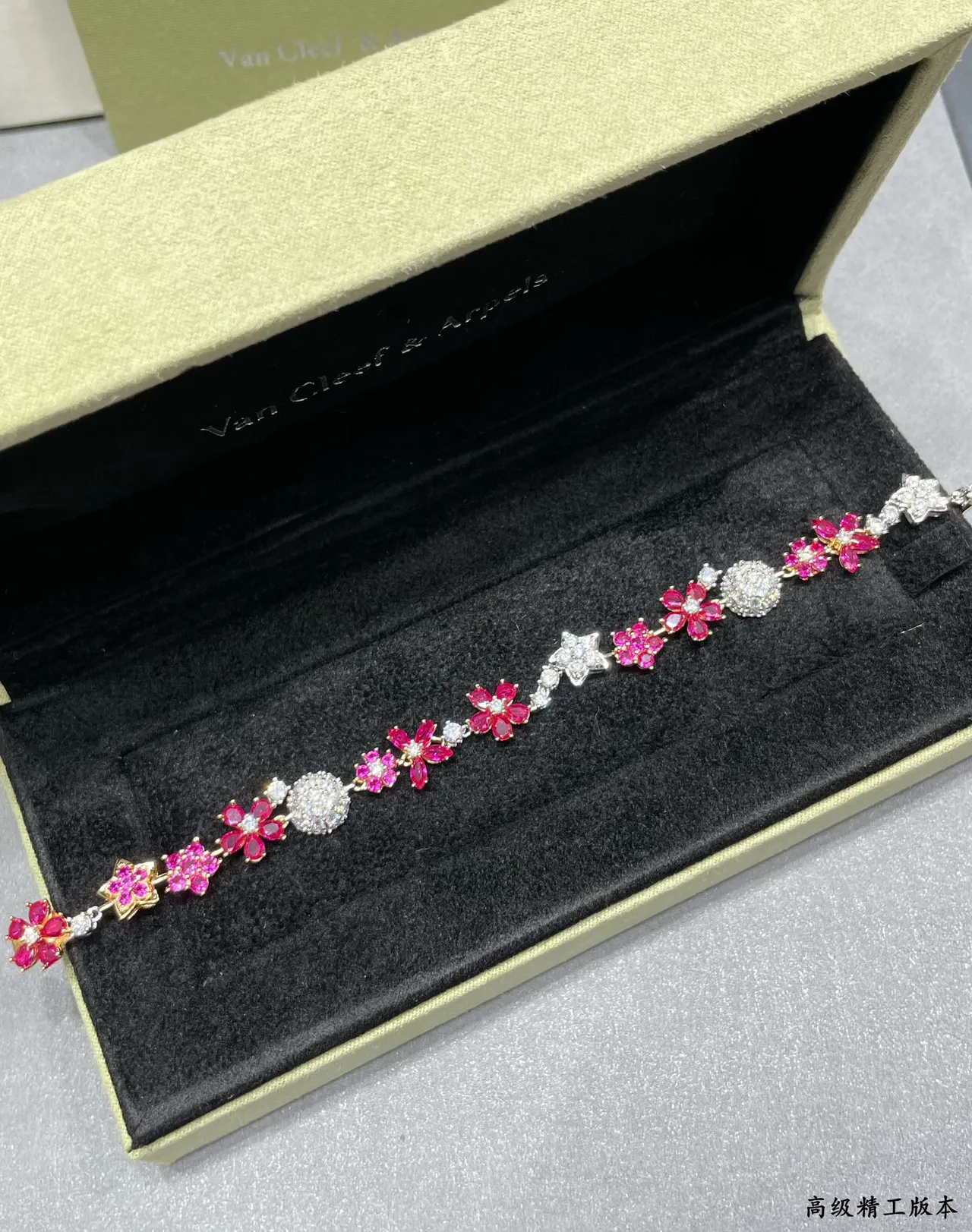 Floral and Star Motif Pink and White Stone Two-Tone Bracelet 4