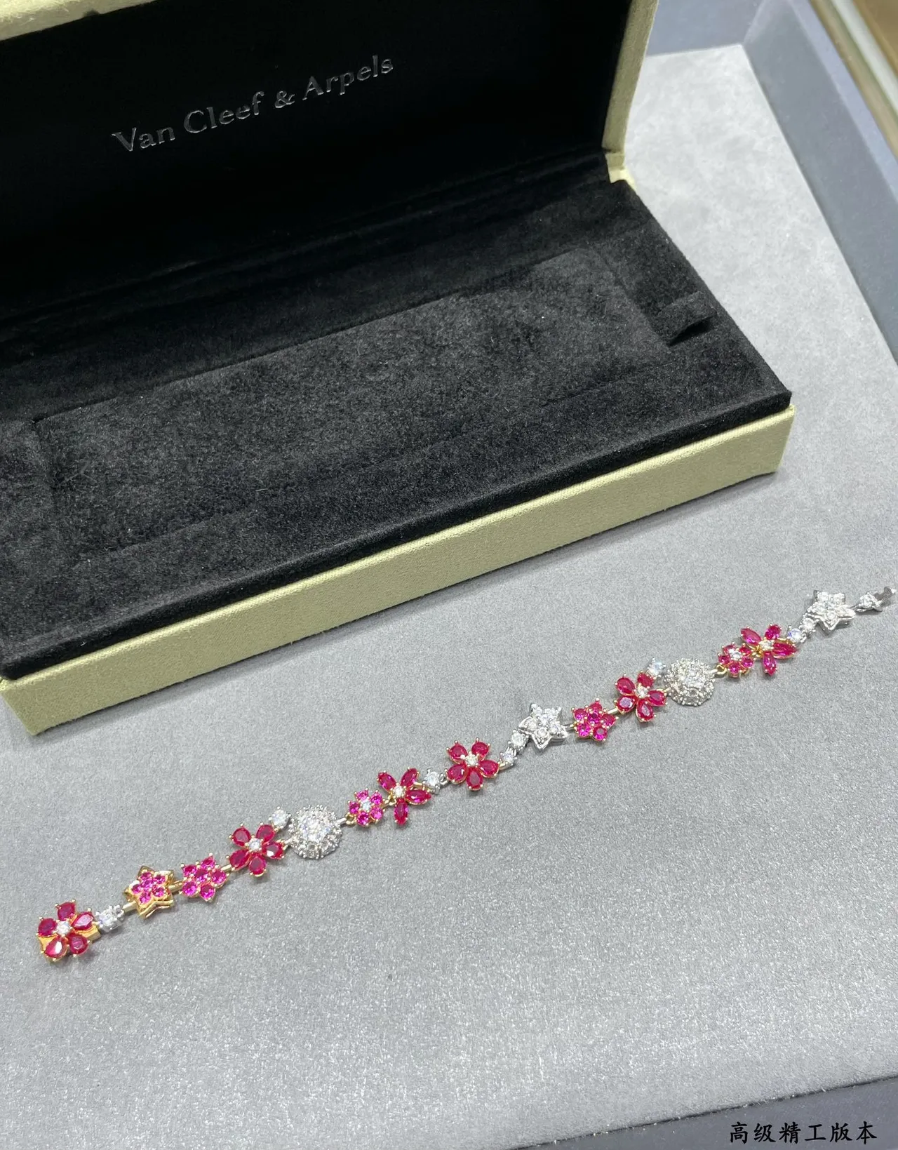 Floral and Star Motif Pink and White Stone Two-Tone Bracelet 5