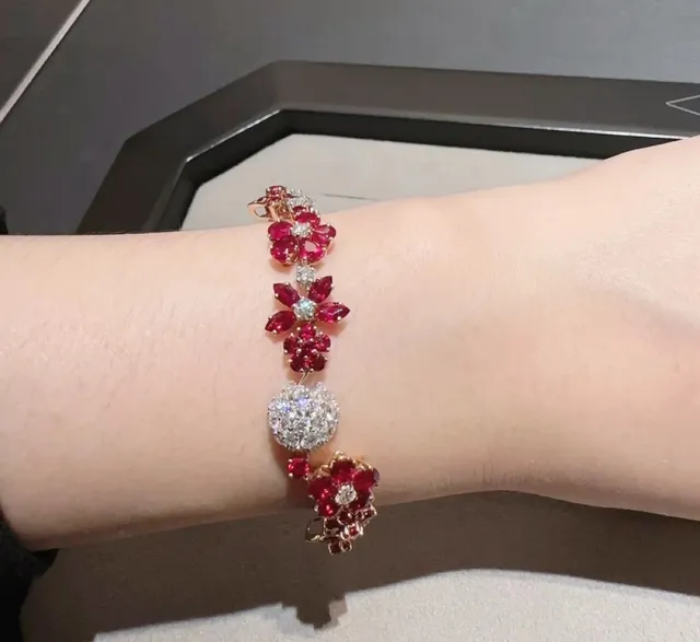 Floral and Star Motif Pink and White Stone Two-Tone Bracelet 7