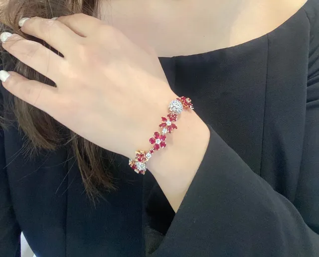 Floral and Star Motif Pink and White Stone Two-Tone Bracelet 8