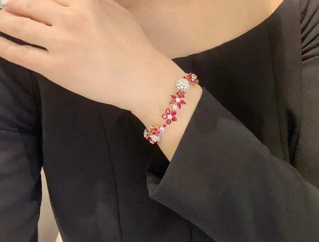 Floral and Star Motif Pink and White Stone Two-Tone Bracelet 9