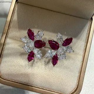 Floral Cluster Marquise-Cut Ruby and Diamond Earrings