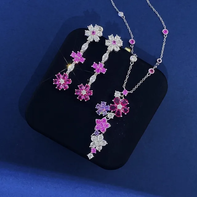 Floral Multi-Tier Pink and Clear Gemstone Drop Earrings 2