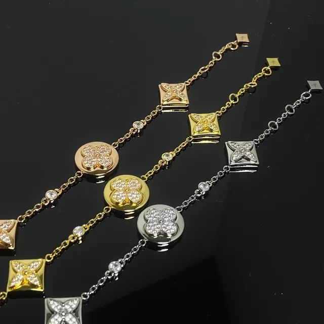 Gold and Silver Crystal Four-Leaf Charm Chain Bracelets 3