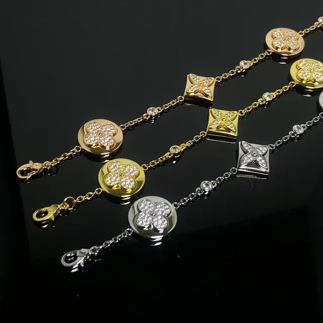 Gold and Silver Crystal Four-Leaf Charm Chain Bracelets 4