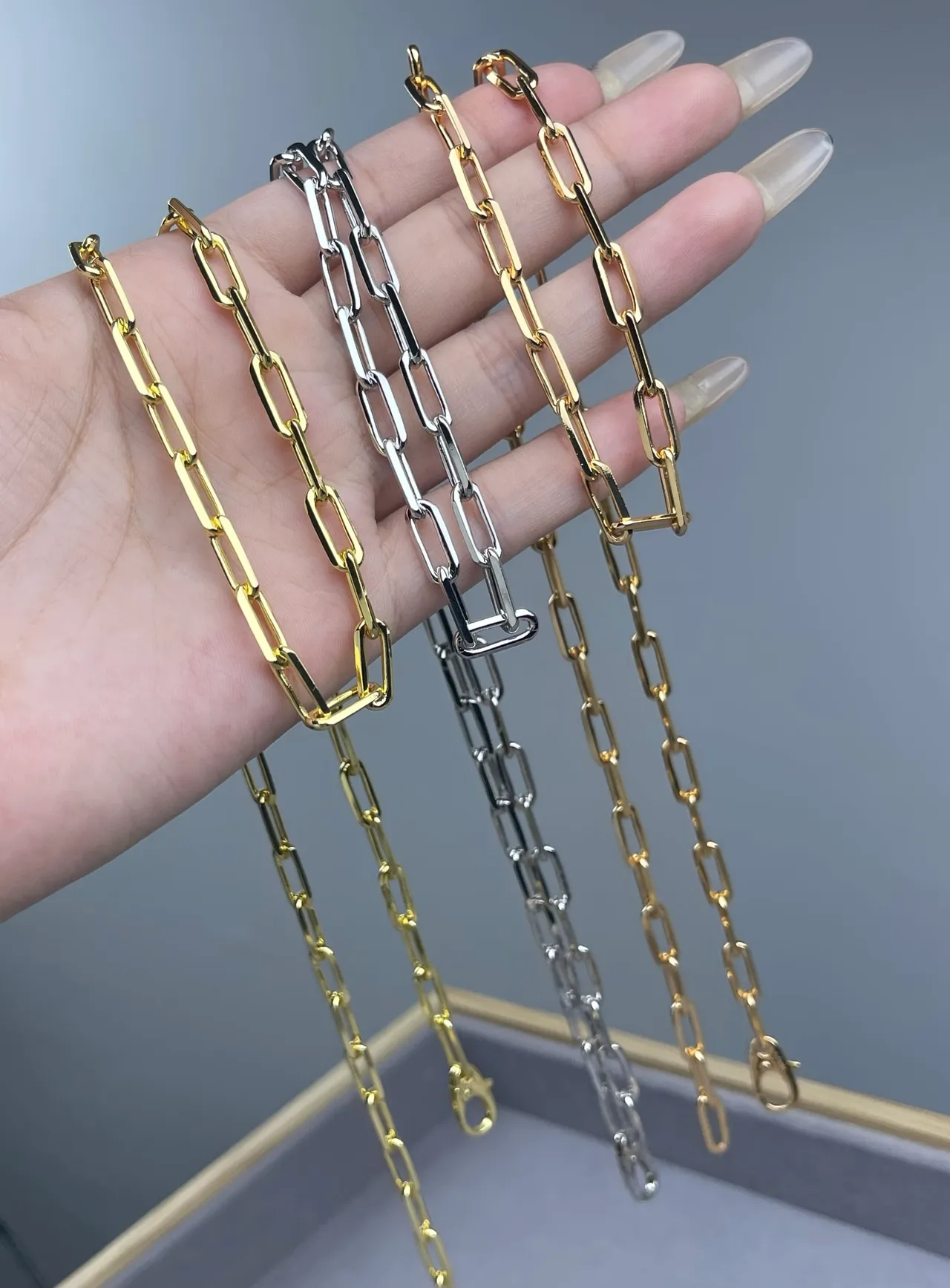 Gold and Silver Flat-Link Rectangular Chain Necklaces 5