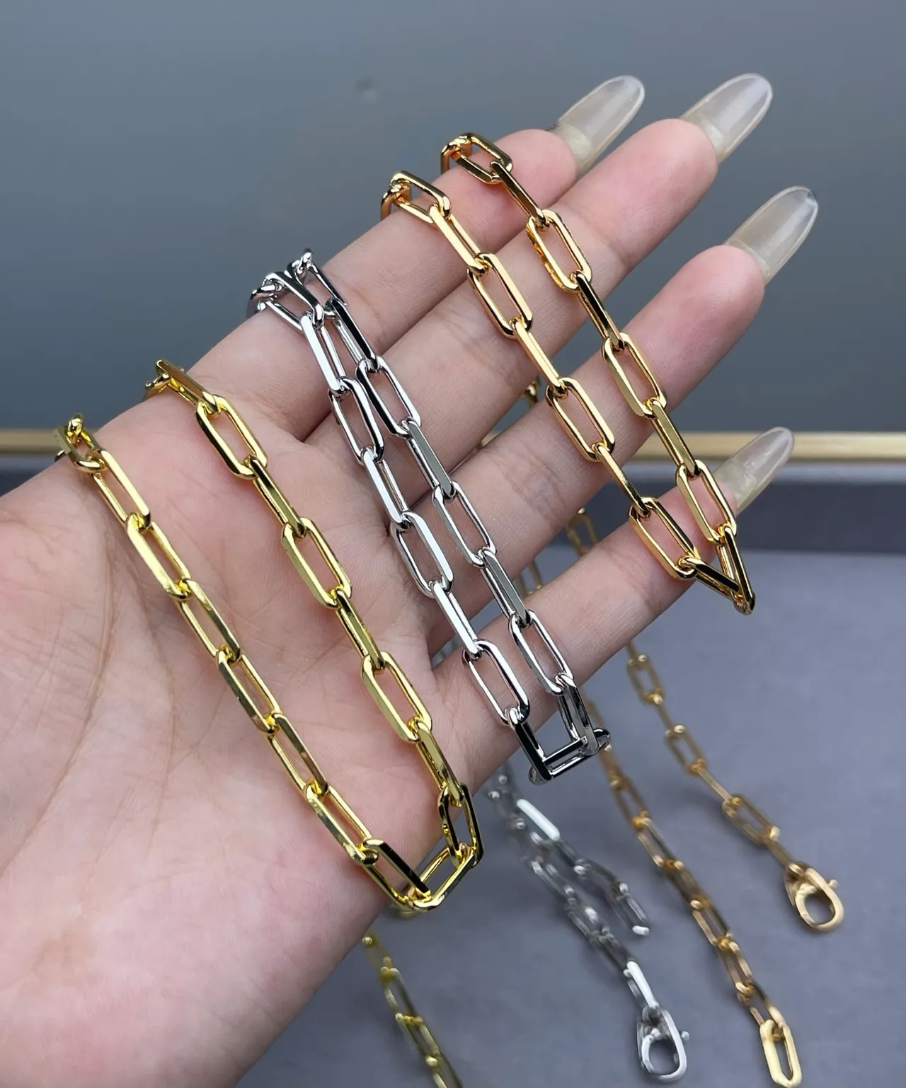 Gold and Silver Flat-Link Rectangular Chain Necklaces 6