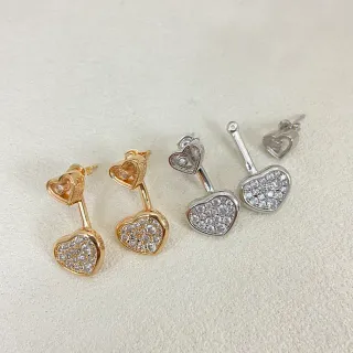 Gold and Silver Tone Double Heart Pavé Crystal Stud Earrings