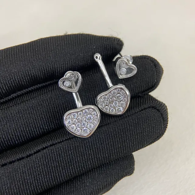 Gold and Silver Tone Double Heart Pavé Crystal Stud Earrings 5
