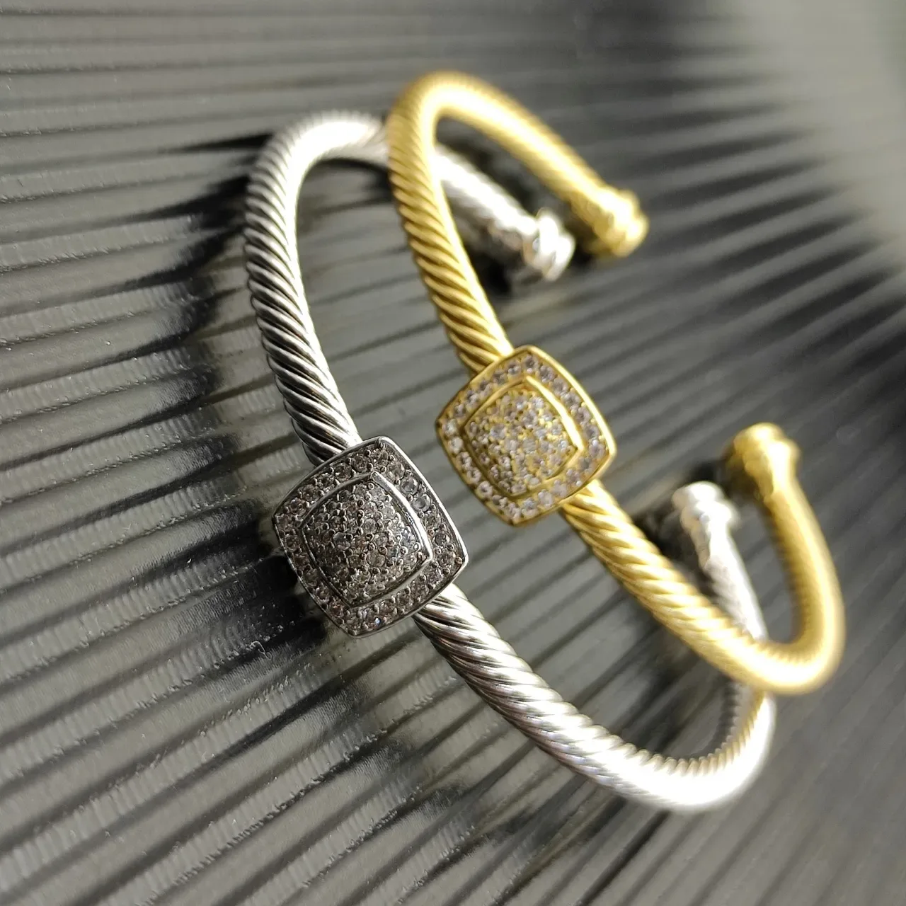 Gold and Silver Tone Twisted Cable Pave Square Center Open Cuff Bracelets 2