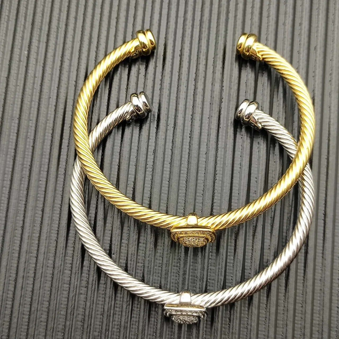 Gold and Silver Tone Twisted Cable Pave Square Center Open Cuff Bracelets 3