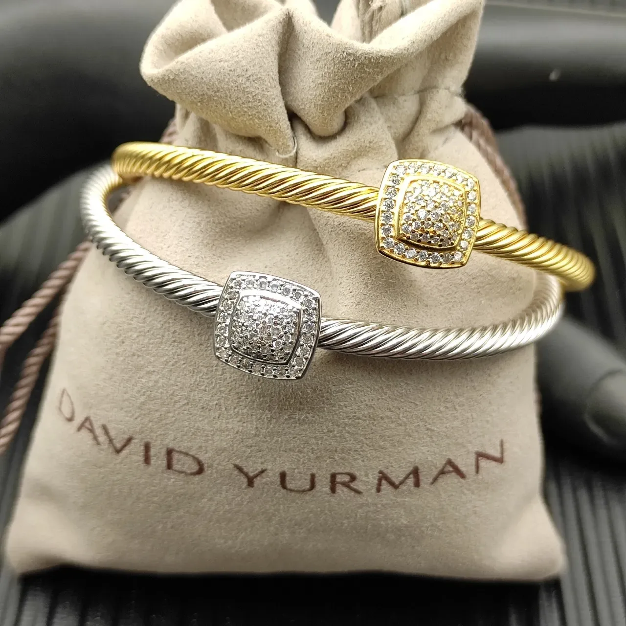Gold and Silver Tone Twisted Cable Pave Square Center Open Cuff Bracelets 4