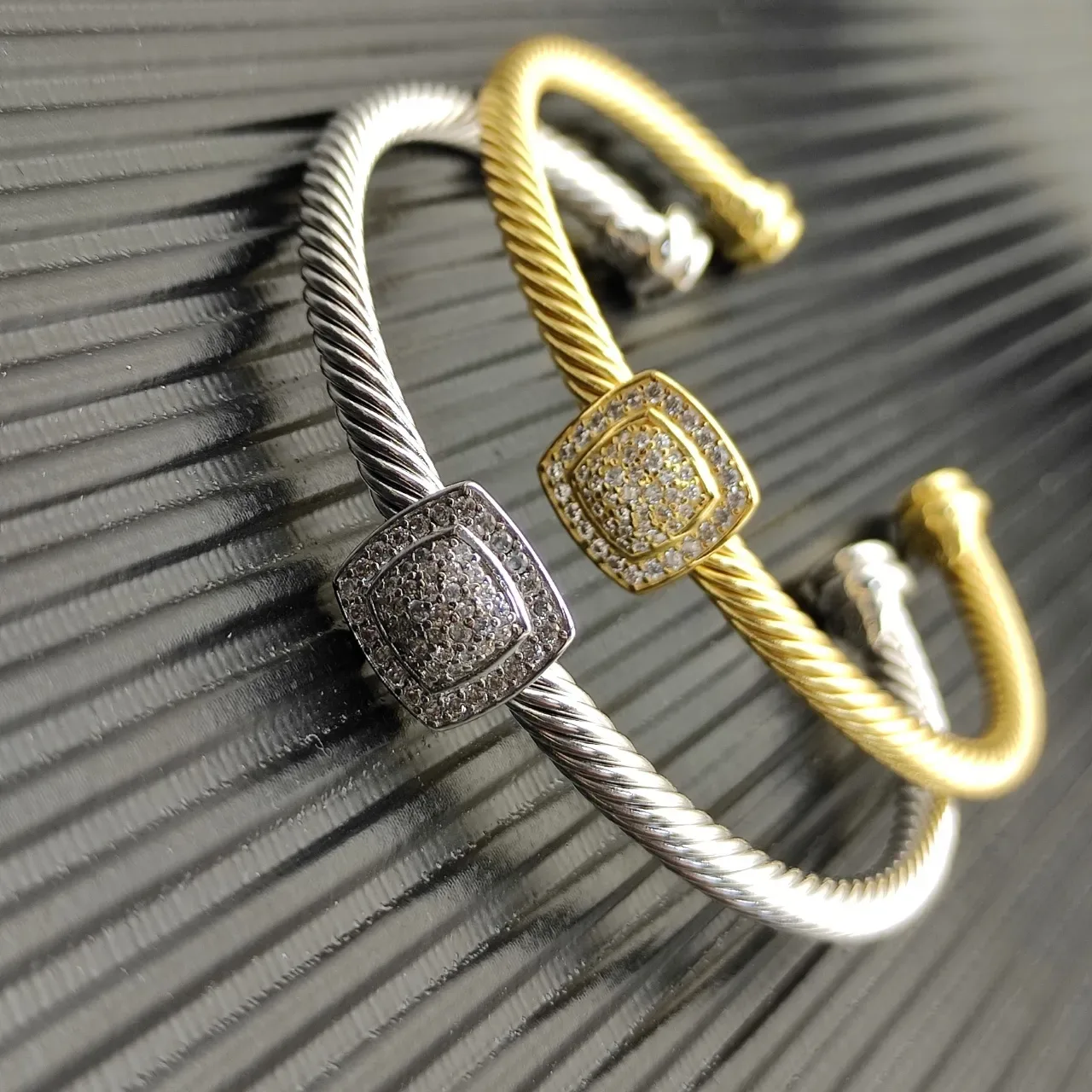 Gold and Silver Tone Twisted Cable Pave Square Center Open Cuff Bracelets 5