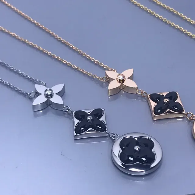 Gold Black Floral Quad-Petal Pendants Enamel Centers Necklace 2