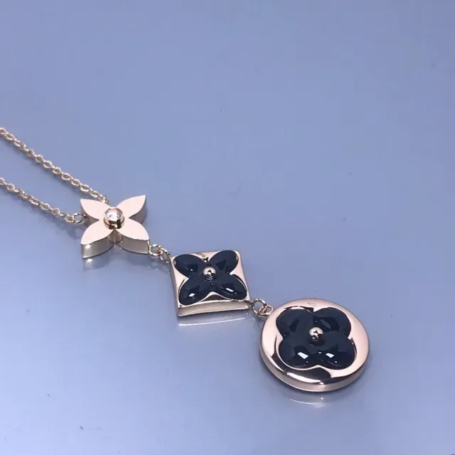 Gold Black Floral Quad-Petal Pendants Enamel Centers Necklace 3