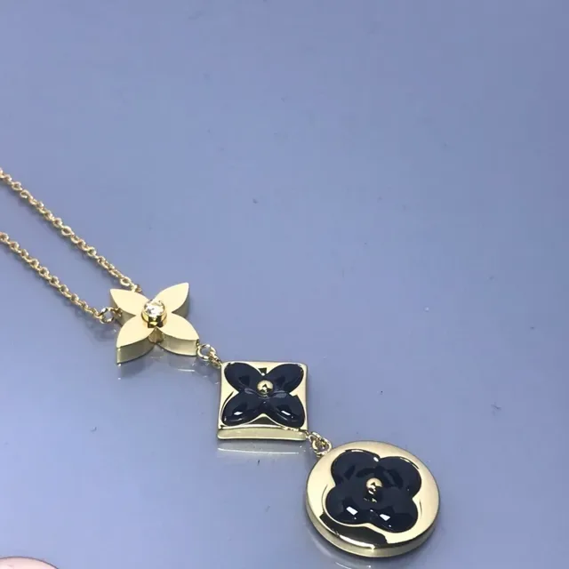 Gold Black Floral Quad-Petal Pendants Enamel Centers Necklace 4