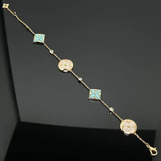 Pulsera de Cadena de Oro y Azul con Charms Florales Cuadrados y Redondos Alternos