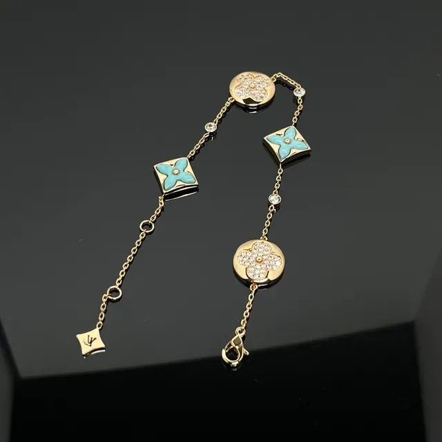 Bracelete de Corrente Dourada e Azul Alternando Quadrados e Redondos Charms Florais 2