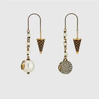 Gold Brown Asymmetrical Pearl-and-Crystal Dangle Earrings