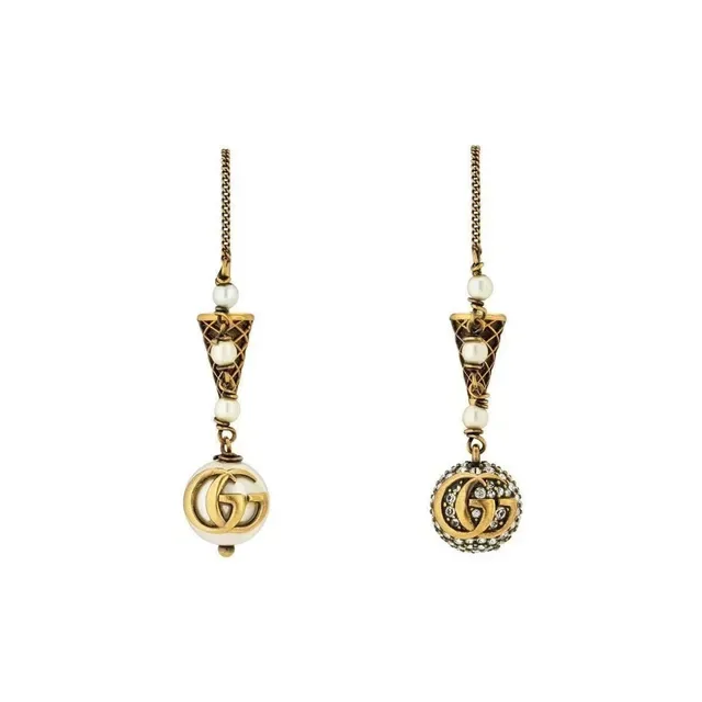 Gold Brown Asymmetrical Pearl-and-Crystal Dangle Earrings 3