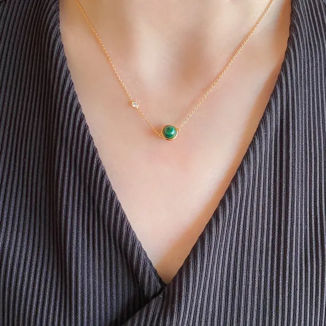 Gold Green Chain Round Cabochon Pendant Necklace 9