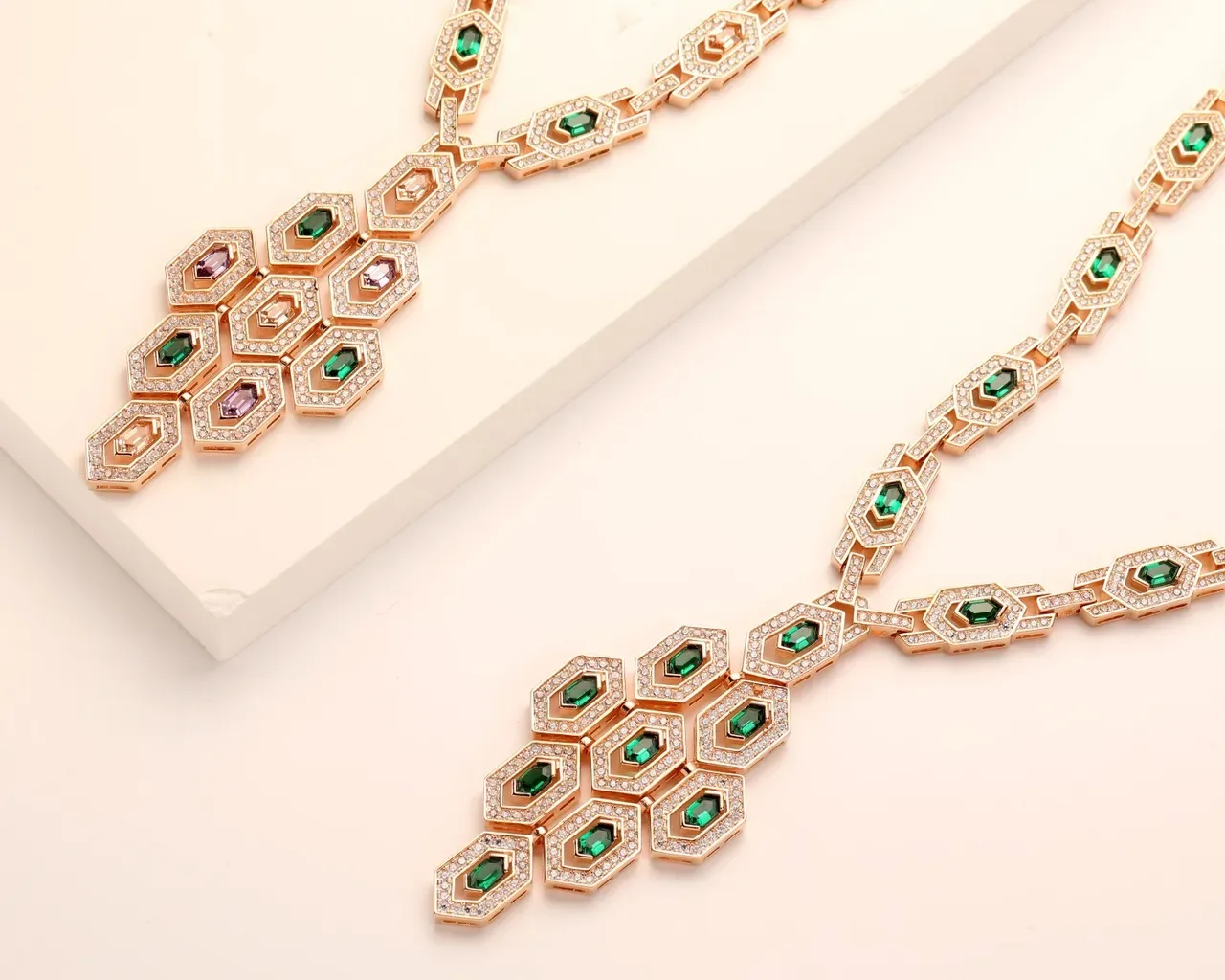 Gold Multicolor Geometric Link Design Pavé-Set White Stones Necklace 3