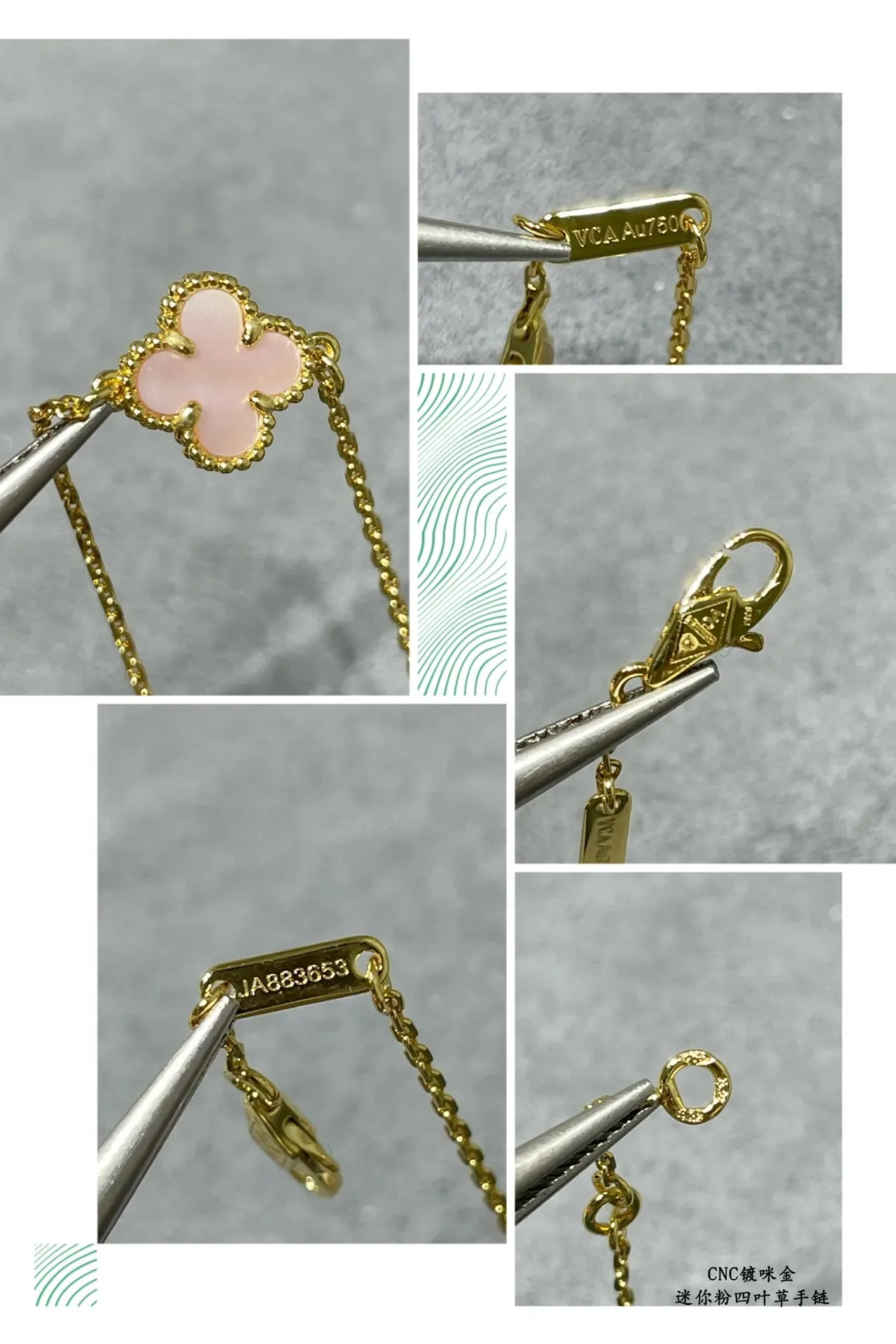 Gold Pink Chain Four-Leaf Clover Pendant Bracelet 2
