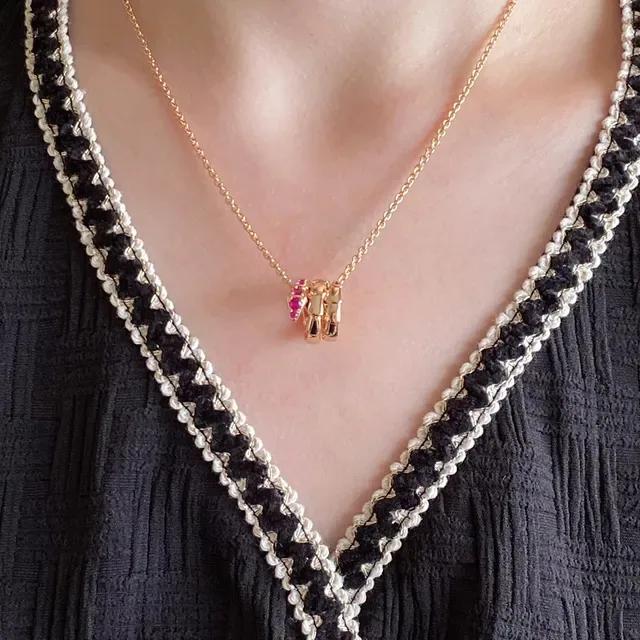 Gold Pink Curb Chain Multi-Element Pendant Necklace 9