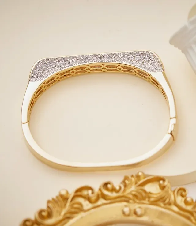 Gold Pink Hinged Bangle Baguette-Cut Stones Bracelet 2