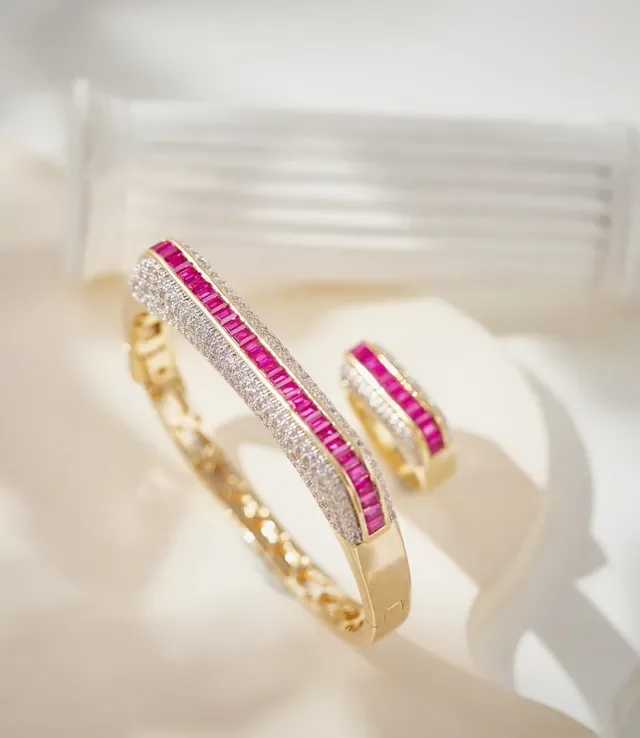 Gold Pink Hinged Bangle Baguette-Cut Stones Bracelet 4