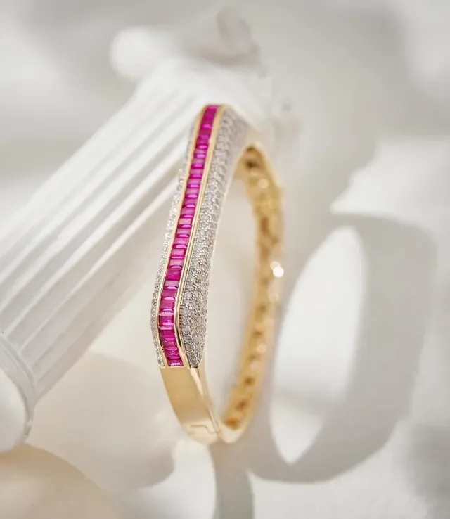 Gold Pink Hinged Bangle Baguette-Cut Stones Bracelet 7