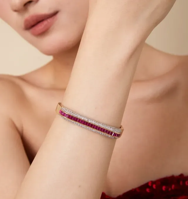 Gold Pink Hinged Bangle Baguette-Cut Stones Bracelet 8