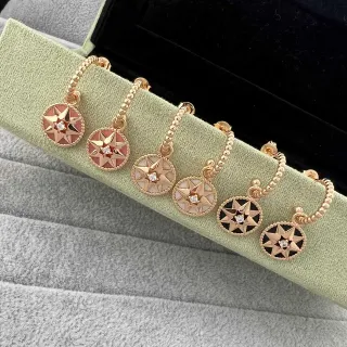 Gold Pink Rose Beaded Hoops Circular Enamel Star Pendants Earrings