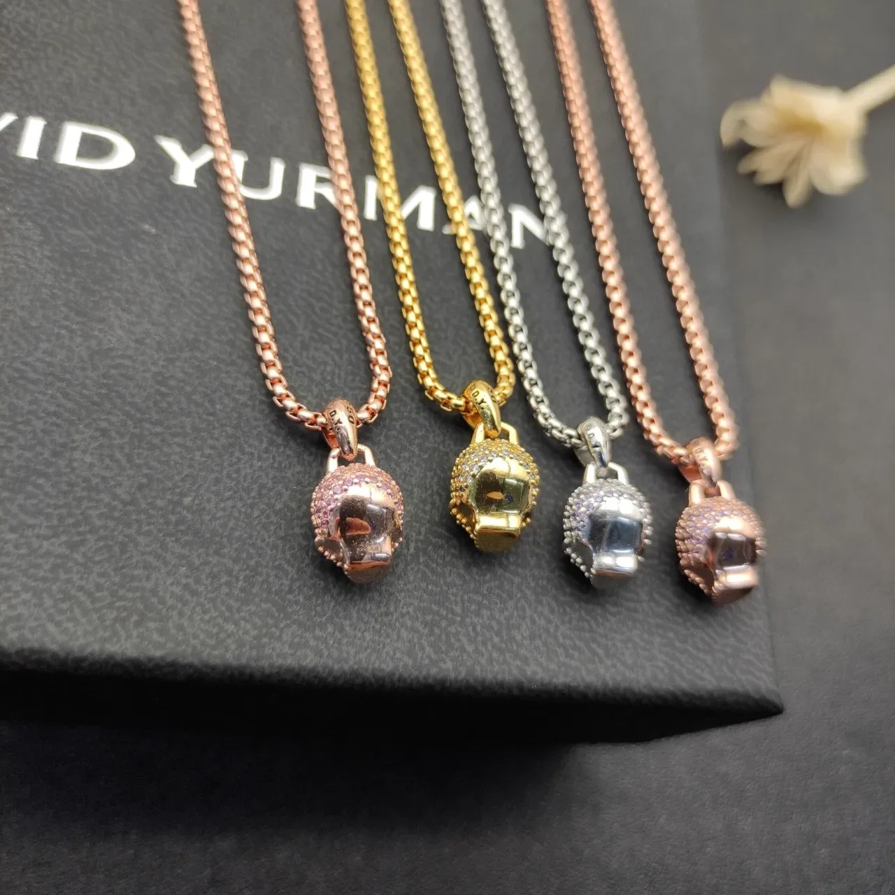 Gold Purple Pavé-Set Skull Pendant Rose Finish Necklace 2