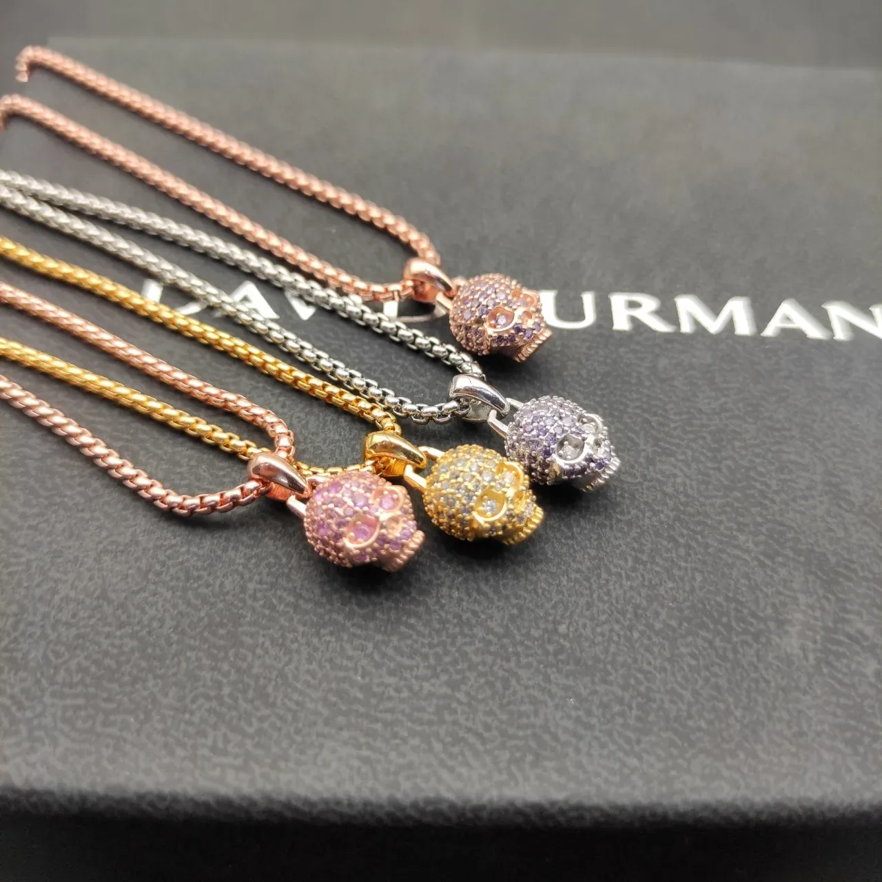 Gold Purple Pavé-Set Skull Pendant Rose Finish Necklace 3