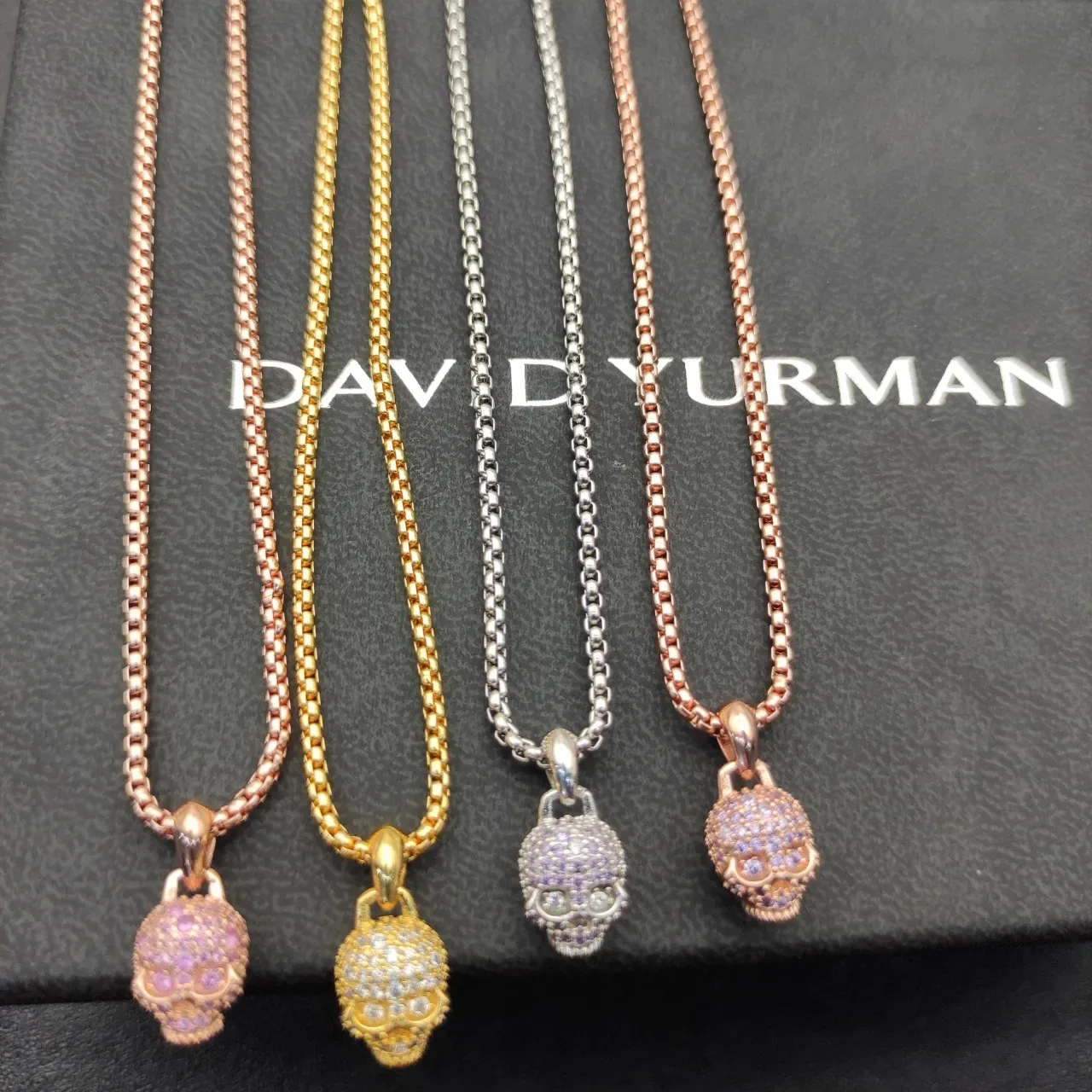 Gold Purple Pavé-Set Skull Pendant Rose Finish Necklace 4