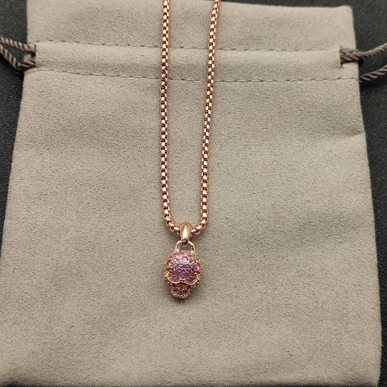Gold Purple Pavé-Set Skull Pendant Rose Finish Necklace 6