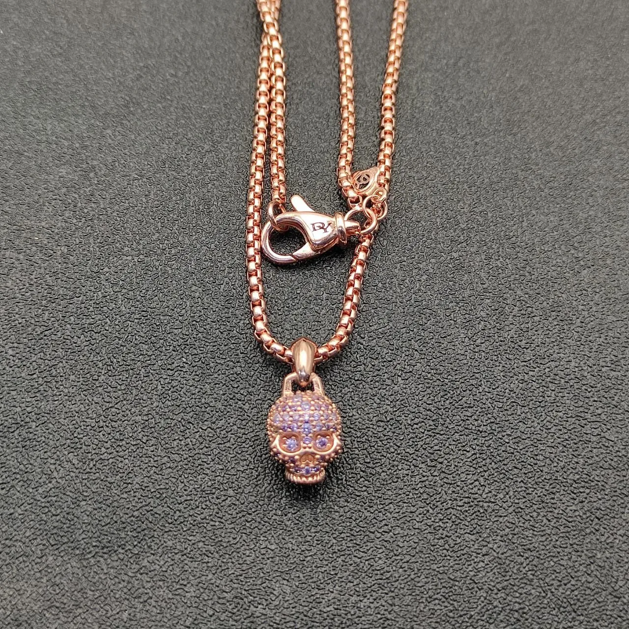 Gold Purple Pavé-Set Skull Pendant Rose Finish Necklace 7