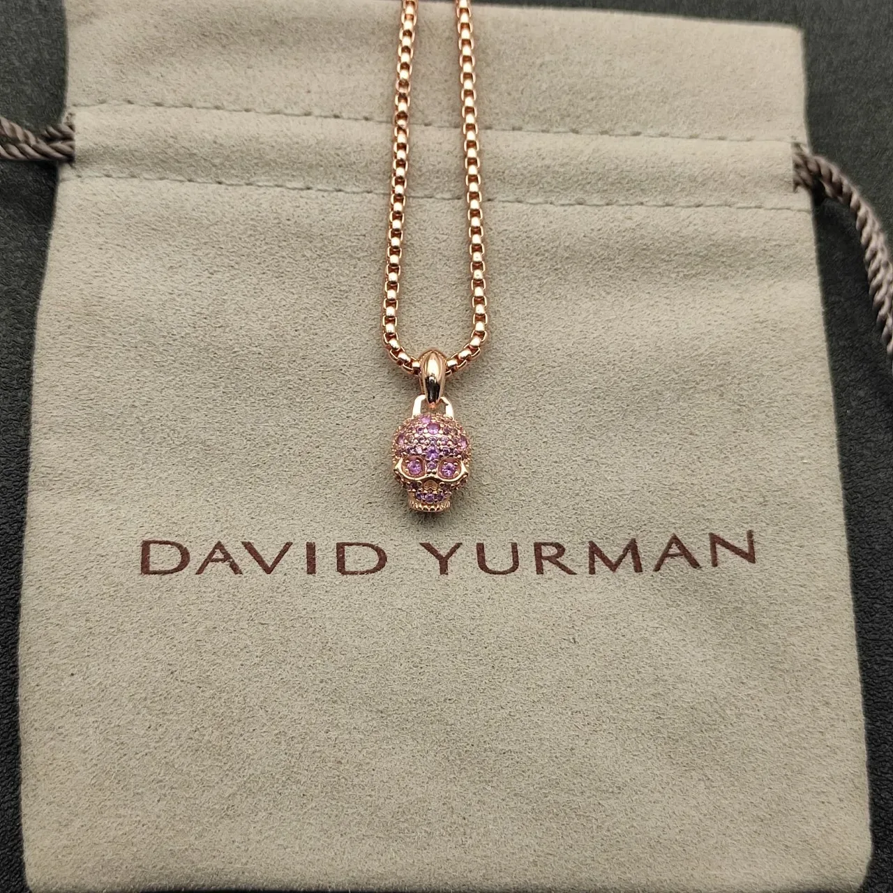 Gold Purple Pavé-Set Skull Pendant Rose Finish Necklace 9