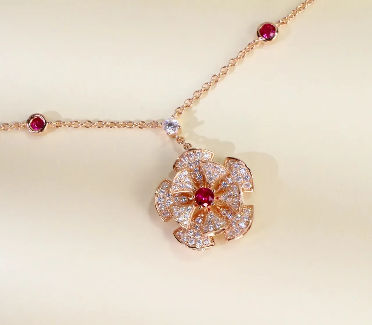 Gold Red Floral Pendant Pavé-Set Necklace 3