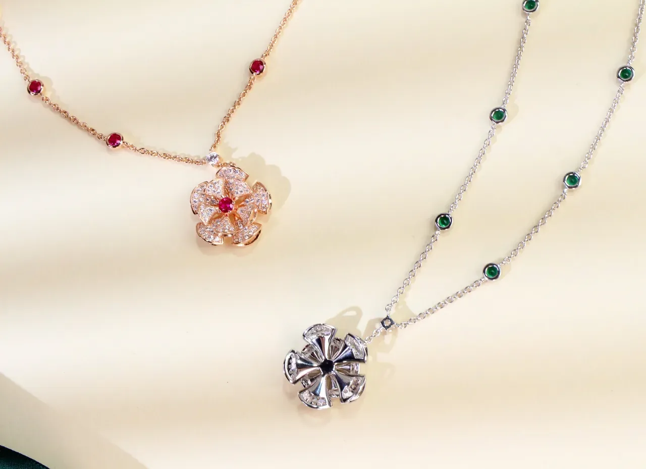 Gold Red Floral Pendant Pavé-Set Necklace 5